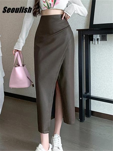 Gonne seoulish autunno inverno anteriore split PU Women Women Long 2024 High Waist Classic Office A-line Female A-Line