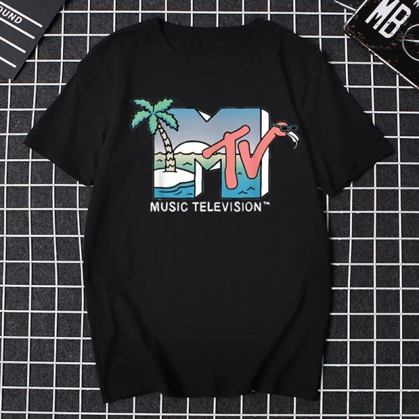 Maglietta da uomo retrò MTV TSHIRT VINTAGE 80S BANDE DELL'ESTENZA DELL'ESTANTE POP MUSIC TV CULTURA TACCHE TAGGI OVERSIZE