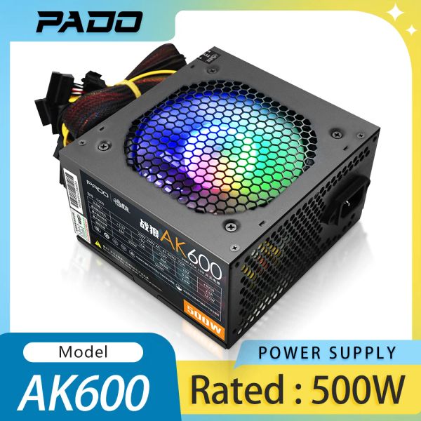 Поставляет AIGO AK 600 PC PSU 500W Блок питания Black Gaming Тихий Pado 120 мм RGB вентилятор 24PIN 12V ATX.