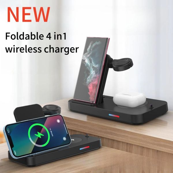 Chargers dobráveis 4 em 1 carregador sem fio Charging Station Dock Stand Watch Charger para Apple Samsung Huawei