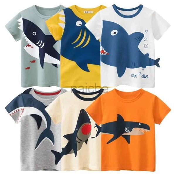 T-Shirts 2024 Neue Sommerkleidung Cartoon Hai-Print T-Shirt Jungen Mädchen T-Shirt Kinder Kurzarm Baumwolltippen Kinder Kleidung 240410