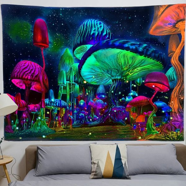 Bedroom Cogumelo Tapestry Psicedélico Tapestry Fantasia Planta Starry Night Tapeçaria Poster de luz preta montada na parede para casa em casa