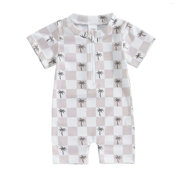 Frauen Badebekleidung Baby Jungen Hautausschlag für Badeanzug Kokosnussbaumdruck Ausdruck kurzer Ärmel O-Neck Reißverschluss Jumpsuit Sommerbadeanzug