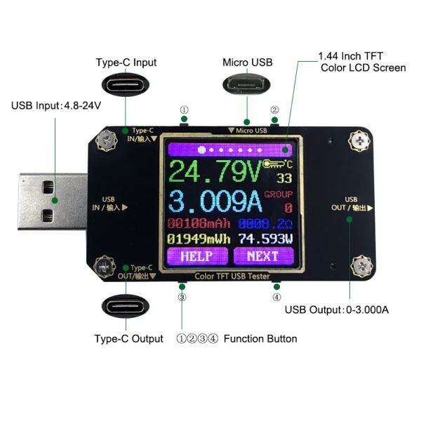 A3 USB-тестер Color Bluetooth Type-C Цифровой вольтметр DC Meter Meter Detector Detector Power Bank Индикатор зарядного устройства зарядное устройство