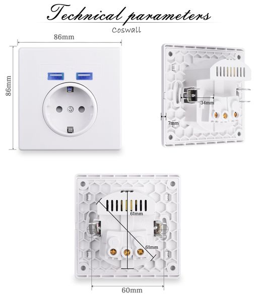 Coswall Russland Spanien EU/Französische Standard -Wandbuchse mit 2 USB -Ladungsanschluss versteckt Soft LED -Anzeige PC Panel weiß