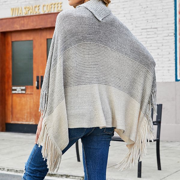 2023 Autumn Winter Fringe Poncho Women Sweater Sweater Oversize Gurtleneck Jumper Knitwear Holida de férias Vintage Cape Batwing Sleeve Ponczo