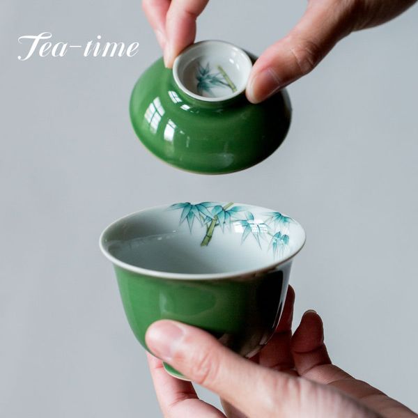 130 ml handbemalte Bambus Keramik Tee Tureen Kieferngrün Glaze Underglaze Farbschale Tee Maker Gaiwan Kung Fu Tee Set