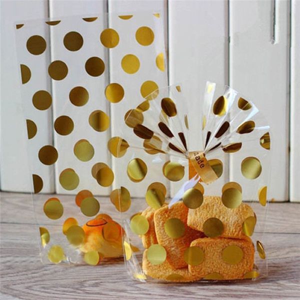 100pcs Lot Plastik Gold Weiß Polka Punkt transparentes Cellophan -Süßigkeiten -Keksgeschenke mit DIY Hochzeits Geburtstagsfeier 276e