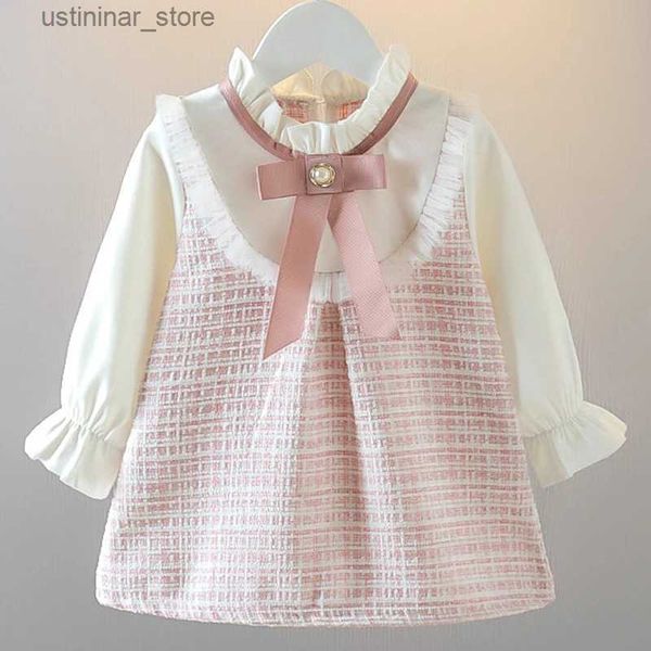 Mädchenkleider neu im Frühling Kleinkind Mädchen Kleider Koreanische Mode süße Bogengitter Langarm Prinzessin Kinder Kleid Baby Kleidung Outfit BC464 L47