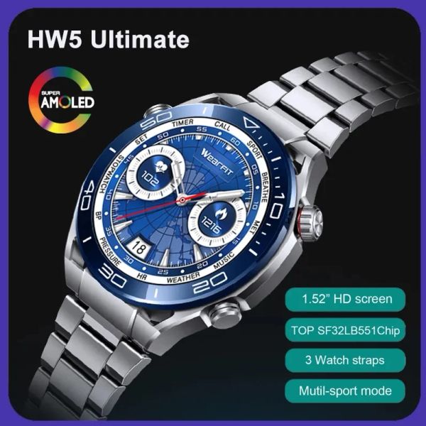 Guarda New Smart Watch Luxury Men Hw5 Ultimate con 3 bande di guardia da 1,52 pollici AMOLED SCHEN CHIAMA BLUETOOTH CALL NFC Music Smartwatch per Huawei