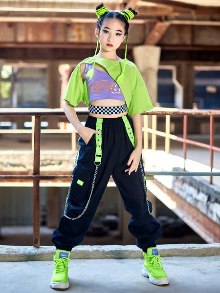 2022 Sommer Hip Hop Tanz Kostüm Kind Kurzärmelte Crop Tops Schwarze HipHop -Hose Mädchen Jazz Tanz Performance BL8182