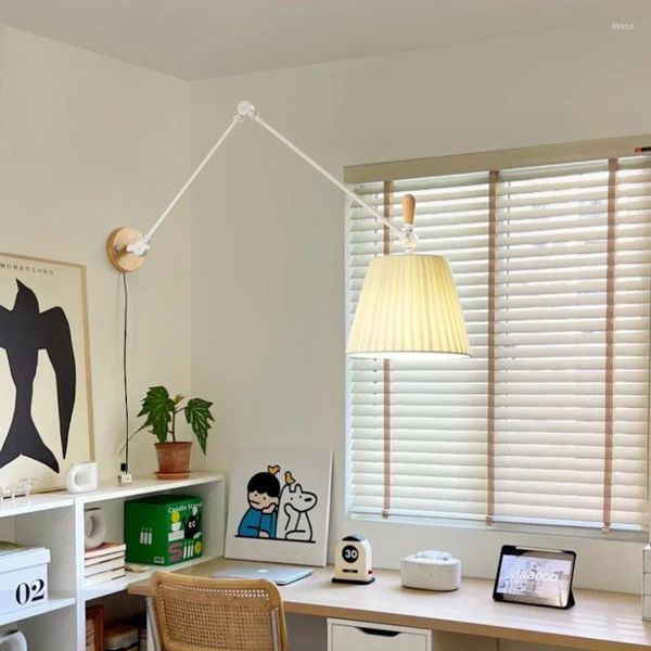 Lampada da parete lampade in tessuto pieghettate tavolo da pranzo pieghevole a scomparsa minimalista moderna camera da letto luci di lettura in legno massiccio