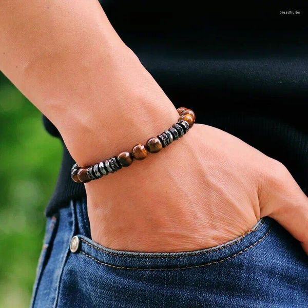 Braccialetti di fascino maschi di moda bracciale in perline da 8mm tigre naturale tigre lava roccia geometria geometria ematite ematite braslet bileklik erkek