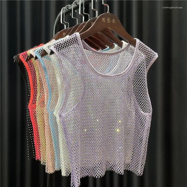 Frauen Tanks Crystal Diamond Mesh Tops für Frauen kleiner Weste runde Kragenhemd Tank Fischnetz Schlanker Fit Cropped Navel Short Summer Girls