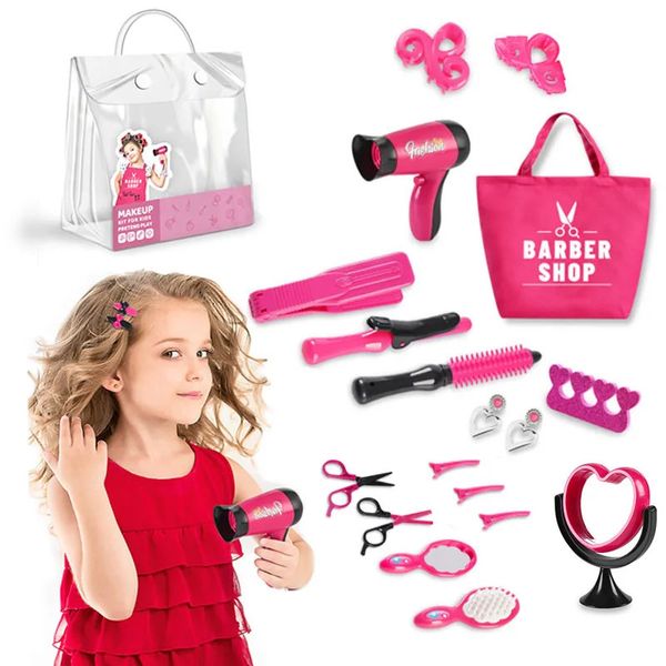 Kinder Make -up Set für Mädchen Geschenke tun so, als ob sie Friseurhaarsimulations -Styling -Werkzeuge Flow Dryer Beauty Fashion Toys für 240407 spielen.