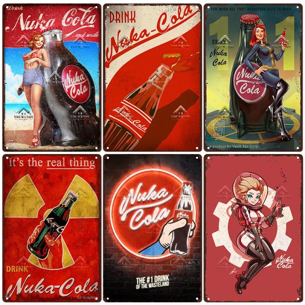 Cartazes de bebidas nuka cola, placa de metal de jogo, placa de sinal de lata retro, decoração de parede vintage de metal, para decoração de caverna do clube de bares de bar, UW5