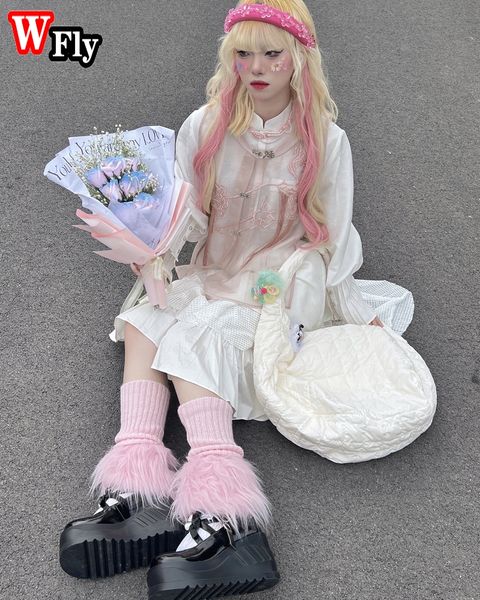 Harajuku Women Girl Girl светло -розовые вязание пушистые ноги теплые носки y2k сладкая лолита плюшевые носки для ног.