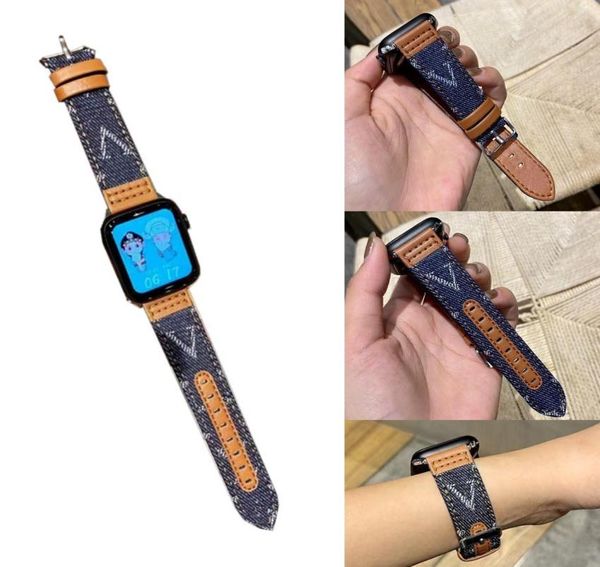 Bandas de relógio de couro genuíno de lona jeans para Apple Watch Strap 38mm 40mm 41mm 42mm 44mm 45mm 49mm Iwatch 3 4 5 Se 6 7 Série Banda 8870276