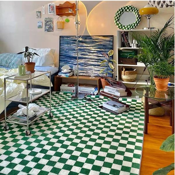 Retro Verde Branco branco tapete xadrez marroquino para a sala Decoração de quarto verde tapete xordico nórdico tapa de mesa de café simples
