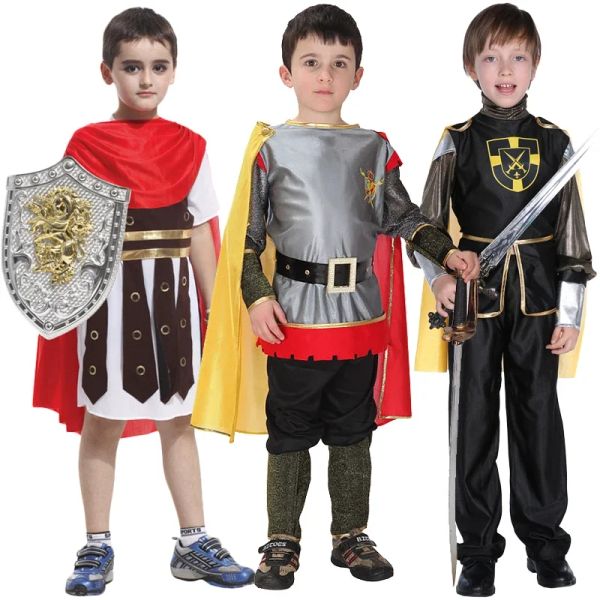 Ragazzi Kids Royal Warrior Knight Costumi Soldati bambini Medieval Romano Attaccata Cape Carnival Party senza arma