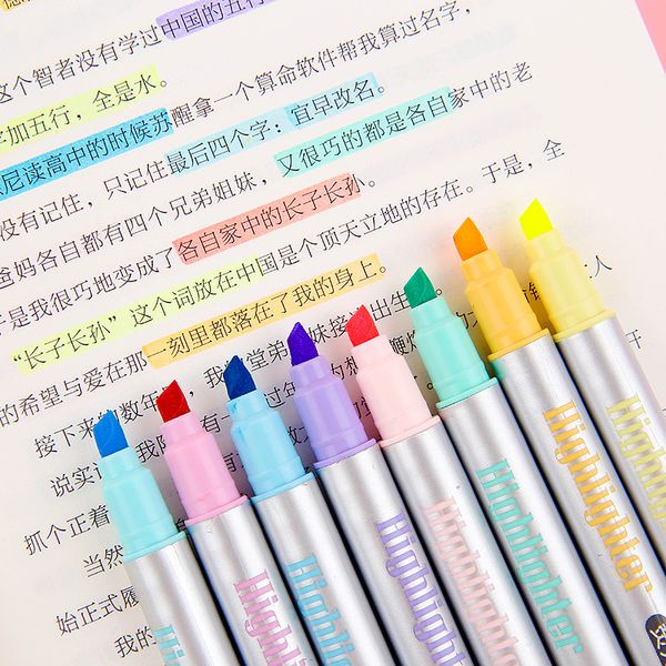 8pcs/set Highlighters HighLighters Candy Color 8 Cores Desenho de Pens Pensionário Profional Passeio de Papelaria