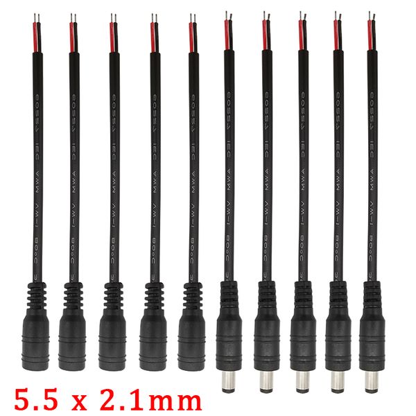 10pcs 5.5x2.1mm DC Cabo de fio fêmea fêmea DC Conector de cabo de plugtail de plugtail para câmera CCTV 5050 3528 Luz de tira LED