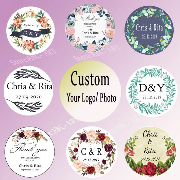 Adesivos de casamento personalizados Candy Favors Gift Boxes Handmade Tag Wreath Wreath Flower Rótulos de envelopes de envelope 3-6 cm Circle