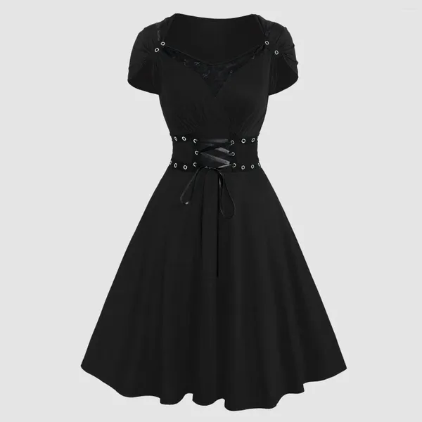 Lässige Kleider Schnürung Vintage Gothic mittelalterliche Grommeten Panel rote schwarze Kleiderinnen Frauen Kurzarm solide hohe Taille Mini Vestidos