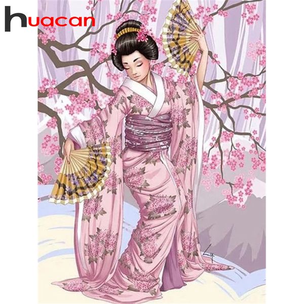 Huacan 5d Diamond Mosaikmalerei Japanische Frau Diamond Stickerei Kirschblüten Strassbilde Bilder