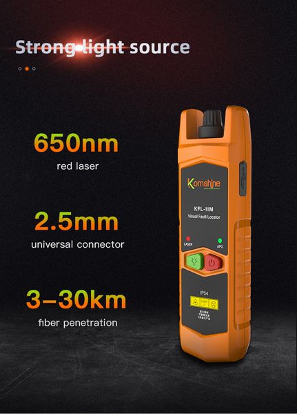 KOMSHINE KFL-11 VLF Laser 30mW/10MW/20MW Localizador de falha visual, Testador de cabo de fibra óptica 1-30km SC/ST/FC FTTH Recarregável