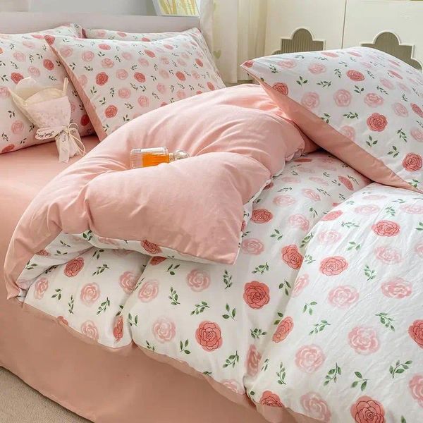 Bettwäschesets französischer Stil gewaschene Baumwollbett florale Mädchenblatt und Bettbedeckung Student 3pcs 4pcs Set