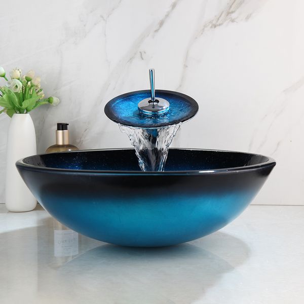 Lavello a bacino di vetro temperato azzurro Zappo Baschetto lavacasina Set da bagno Counter Top Top Lavel Basin Bowl con miscelatore a cascata