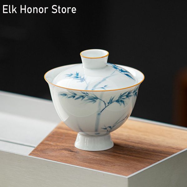 130 ml weißer Porzellan Tee Tureen handbemalte Bambus Keramik Teehersteller Chinesische Gaiwan Schüssel mit Deckel Haushalt Kung Fu Tea Wierwaren