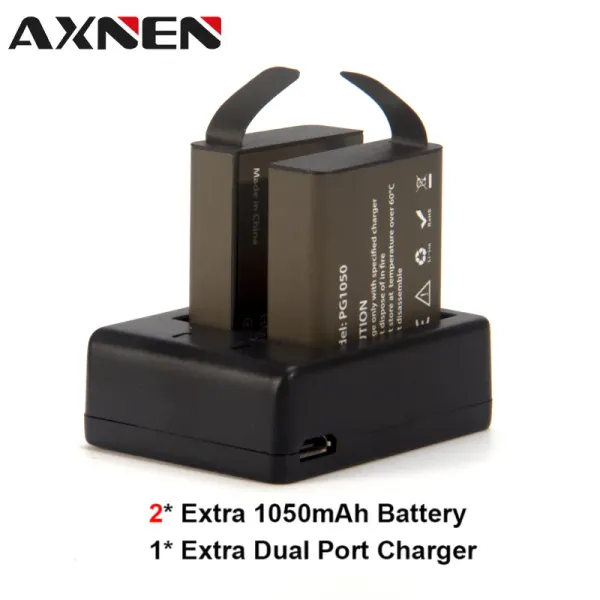 Accessori Azione batteria per fotocamera per Axnen H9 H9R con batteria da 2 pcs + batterie ricaricabili a doppio caricabatterie accessori