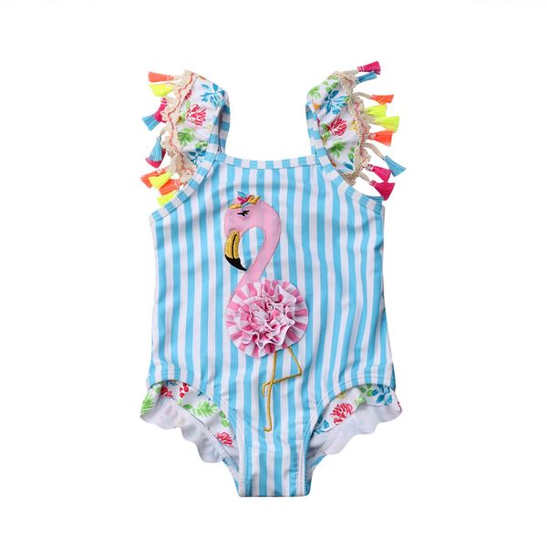 6m-5T Çocuk Bebek Kız Bikini Flamingo Yenidoğan Bebek Kız Blue Striped Mayo Püskül Tek Parçalı Mayo Banyo Takım Plaj Giyim