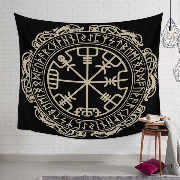 Arazzo mandala decorazione per la casa nera vichinga magica vegvisir runico con vegs nel cerchio delle rune norrene aratti della camera da letto