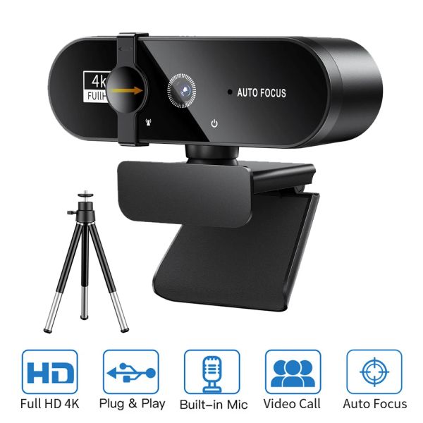 Webcams Webcam 4K 2K Câmera da Web 1080p Mini Câmera USB 1530fps Full HD Web Cam com Microphone Tripod AutoFocus Webcam for PC Laptop