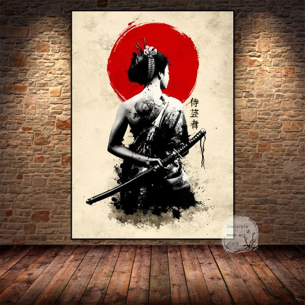 Guerreira japonesa retrô bushido blindado gueixa samurai katana ninja art dalvas de arte pintura de parede impressão de parede sala decoração de casa decoração