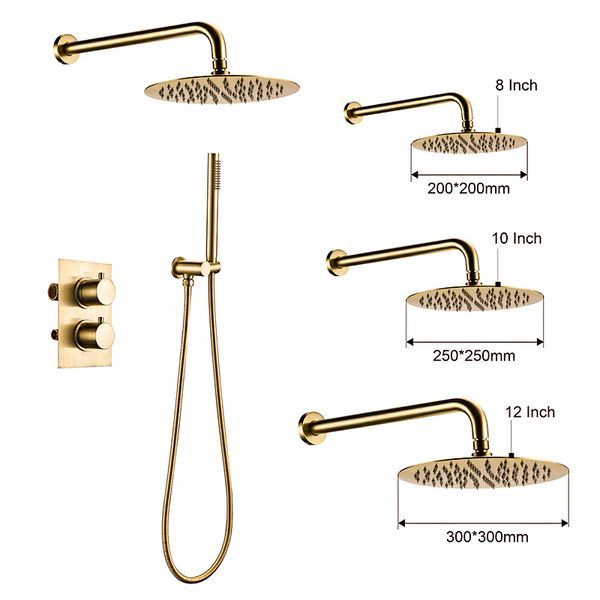 SMITITELI 8 10 12 Zoll Badezimmer Wasserhahn 2 Zifferblatt 2 Wege Gold Dusch -Set Thermostatische Steuerung Mischventil Rainshwoer Sets