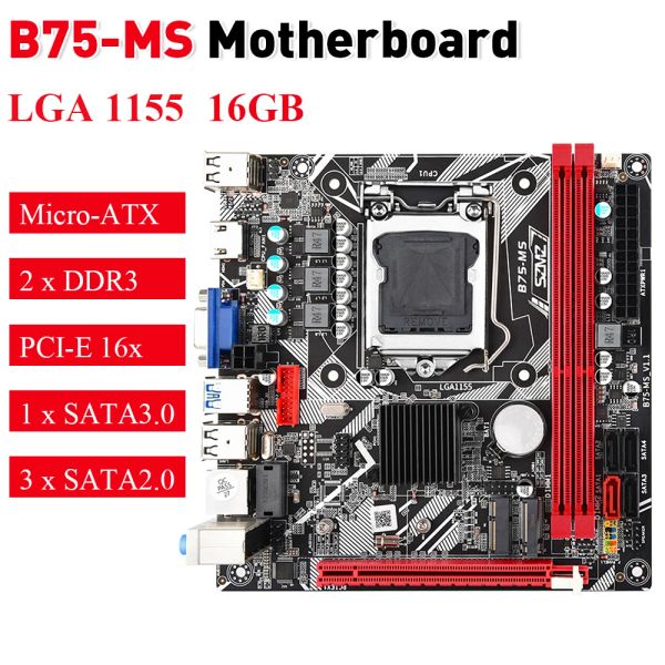 Материнские платы B75MS Материнская плата 24PIN LGA 1155 MINI ITX 8GB DDR3 Поддержка памяти NVME M.2 WiFi M.2 PCIE 16X B75MS KIT Комплект Компьютер Мейнбор