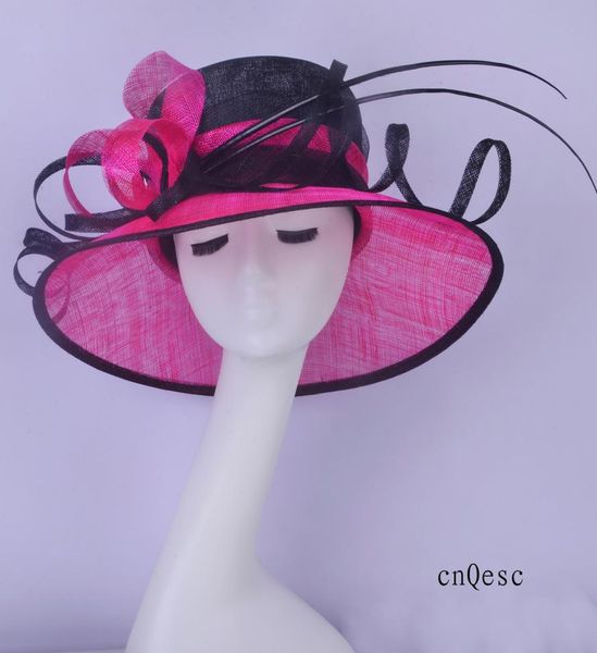 Розовая черная черная шляпа Sinamay Hat Hat Hat Charce Charce для свадебного свадебного душа мать невесты Wlong страус Spine2546494