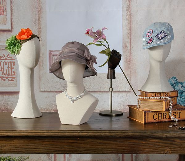 Canvas weibliche Schaufensterpuppe Kopf für Displayhüte Perücke Schals Kopftücher Halskette Schmuck Einfügung Nadelschaum Stoffmodell Kopf