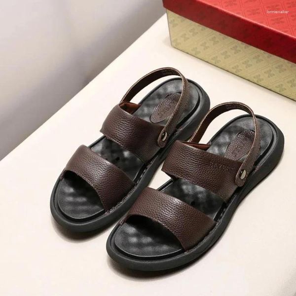 Sandalen echte Leder-Freizeitmänner Summer Elastic Band Fahrer Leichte Flats atmungsaktiv