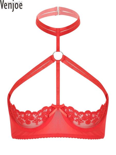 BRAS #S-5xl Damen sexy 1/3 Tasse BH mit Riemchen Choker auf Blick durch Spitzenunterdraht-Pad-freie Balconette Push Up Brassiere Dessous 240410