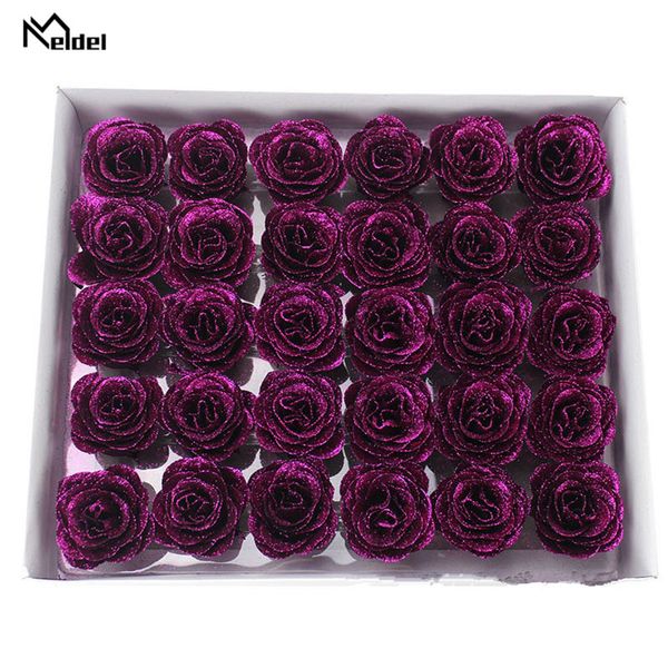 Meldel Crystal Glitter Rose Flor Head Artificial Rose Flor Head 1 Box 30 PCs Bling Bling Home Wedding Decor Festival Gift