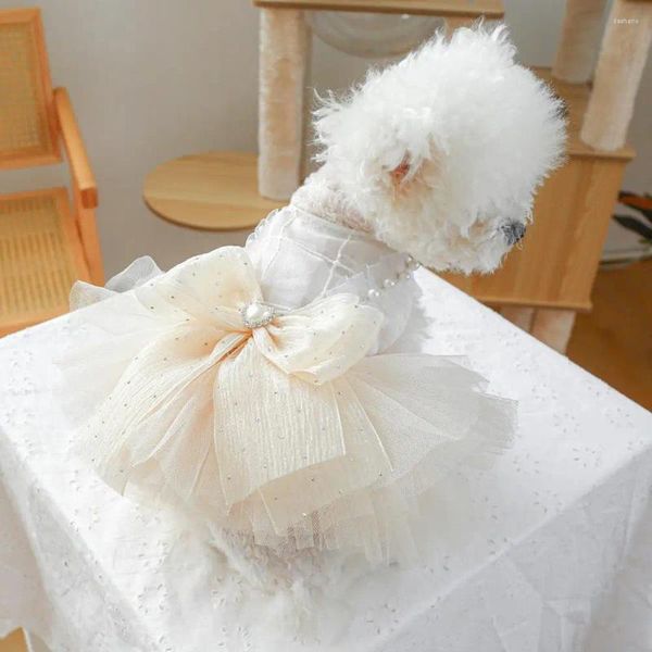 Vestido de noiva de pet-pet de vestuário de cachorro malha multi-camada elegante com decoração de pérolas de arco para cães médios pequenos respiráveis fáceis