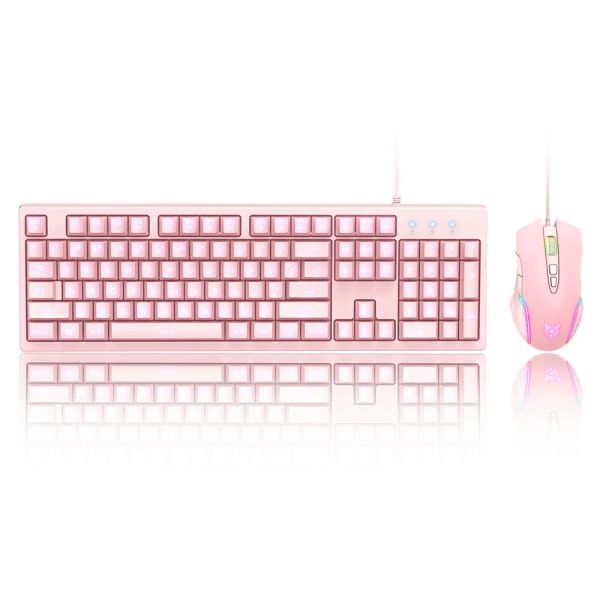 Combos Wired RGB Backlit Gaming Pink Teclado+Mouse Conjunto USB Pink Cute Cutelo Chete 104 Chap TeckCap Adequado para PC Laptop Game Game Rice