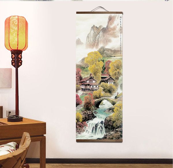 Chinesische traditionelle Stil vier Jahreszeiten Landschaft Leinwand für Wohnzimmer Wandkunst Poster Massivholz Scroll Gemälde Hausdekoration