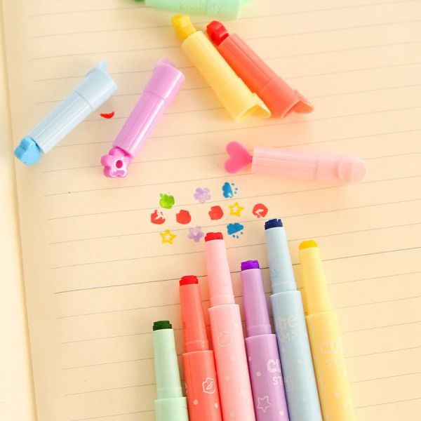 12/6pcs/Set Candy Color Highlighters Stamp Pen niedliche Nutepunkte Kreative Marker Fluoreszenzpens School Supplies Büro Briefpapier