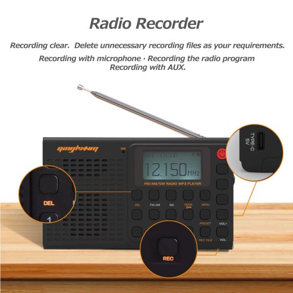 Radio Am/FM/SW Portable Full Band Bluetooth Registratore di radio, registrazione digitale del supporto radio ricaricabile e scheda TF con timer del sonno